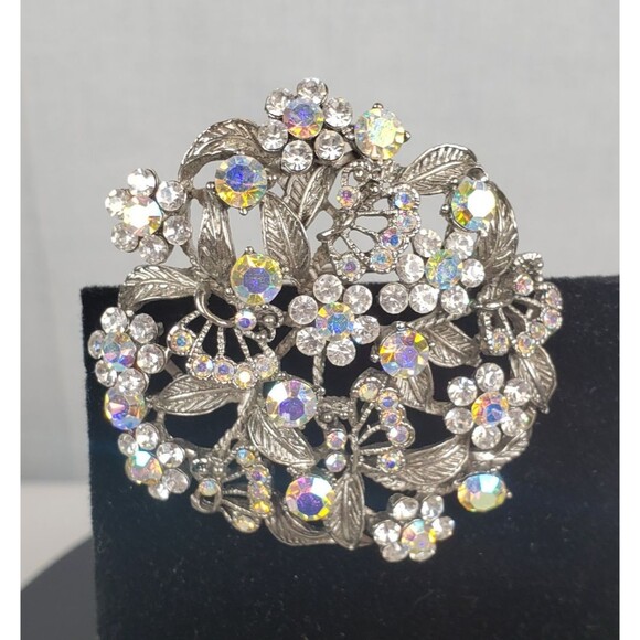 Vintage 1950's Flower Filigree AB Crystal Rhinestone Silver Tone 2" Brooch - Picture 2 of 14